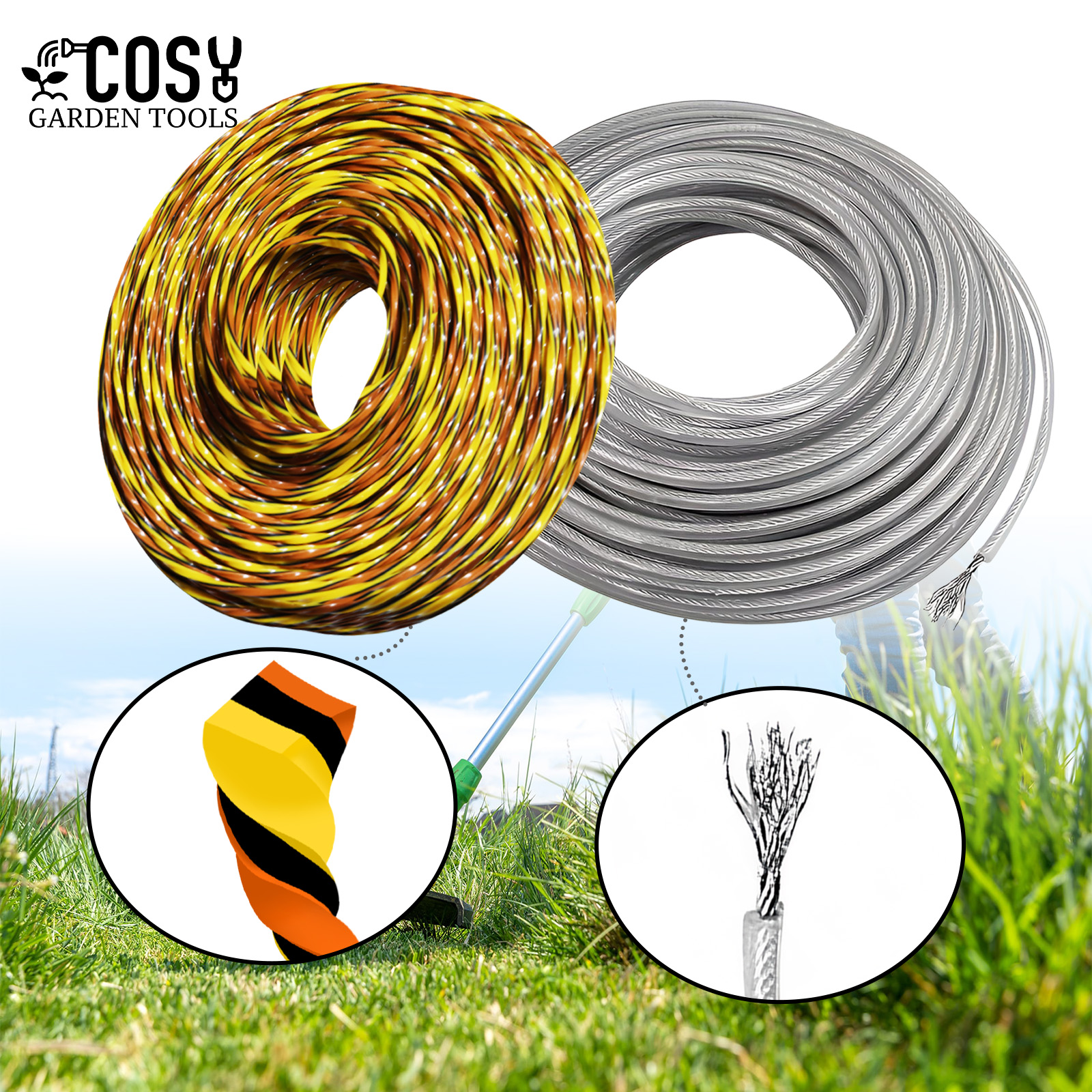 2PCS 2.4/2.7/3.0mm*15m Round Trimmer Steel Nylon Wire Rope Cord Line Brush Cutter Long Grass Replacement Lawn Mower Accessories: M / black