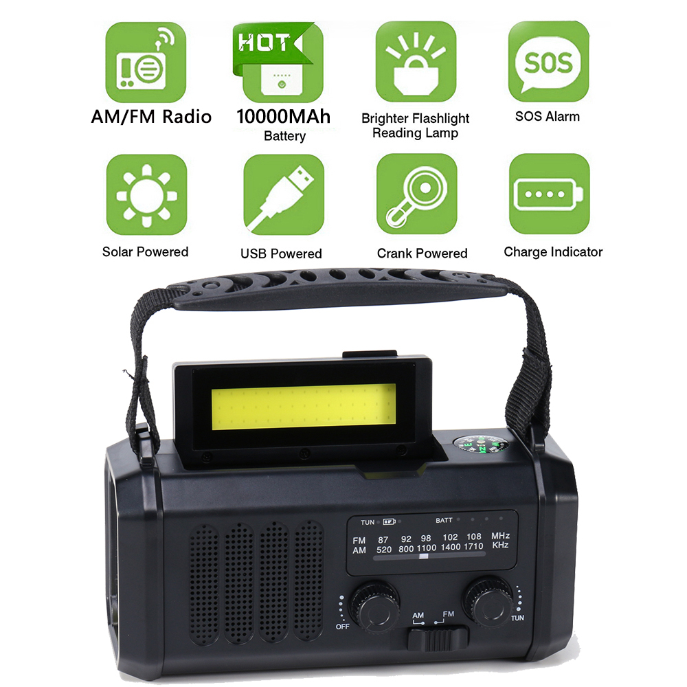 10000mAh Emergency Solar Power Radio Hand Crank Dynamo Wind Up Phone Charger Bank SOS AM/FM/NOAA Pocket Flashlight Radio: black