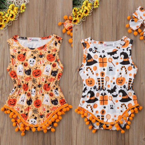 Cute Newborn Baby Boys Girls Sleeveless Tassels Halloween Bodysuit Jumpsuit Outfits 2pcs Set