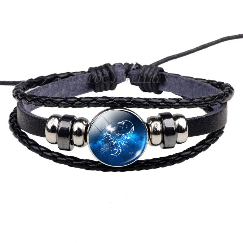 12 Constellations Black Bracelet Glass Cabochon Jewelry Leather Zodiac Sign Bracelets Men Punk Birthday: Scorpio