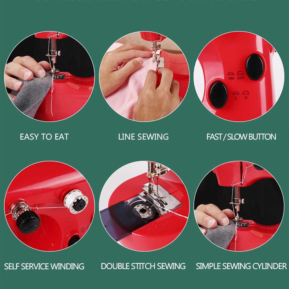 INNE Mini Red Sewing Machine Dual Speed Portable Household Foot Pedal Multilingual manual Adaptor Automatic winding Machines