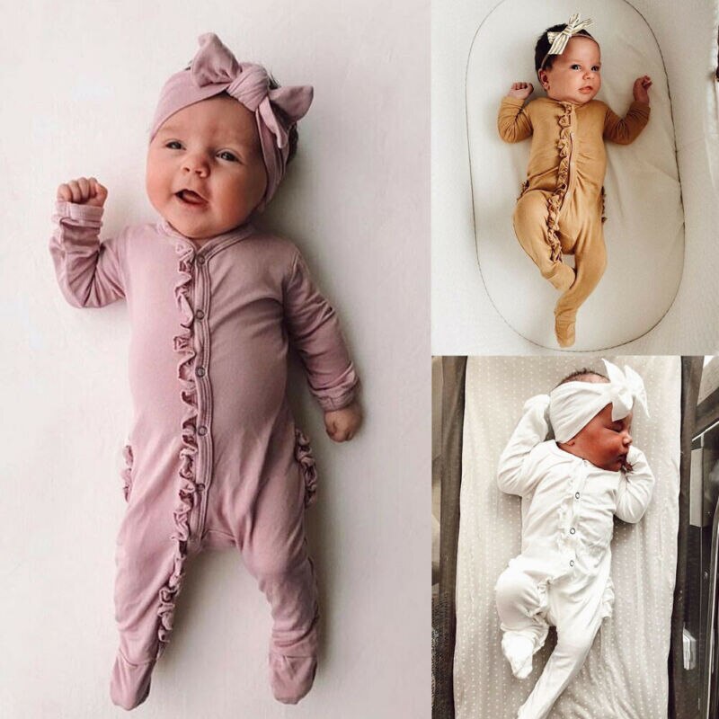 Emmababy 2PCS Newborn Kids Infant Baby Boy Girl Long Sleeve Cotton Button Romper Jumpsuit Headband Clothes Outfit Autumn