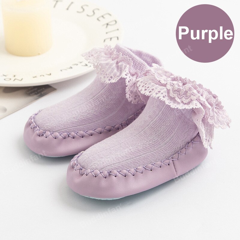 Sokken Meisje Kant Ruche Sokken Met Rubberen Zolen Voor Peuters Rubberen Zool Sokken Prinses Baby Sok Schoen slipper: purple / Insole 11.5cm