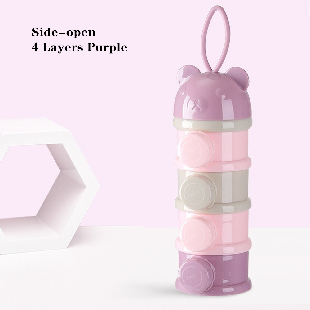 4-capas de comida de bebé caja de almacenamiento portátil de dibujos animados oso lindo recipiente de leche infantil leche en polvo de Toddle caja almacenamiento Snacks: Side-open-Purple-4