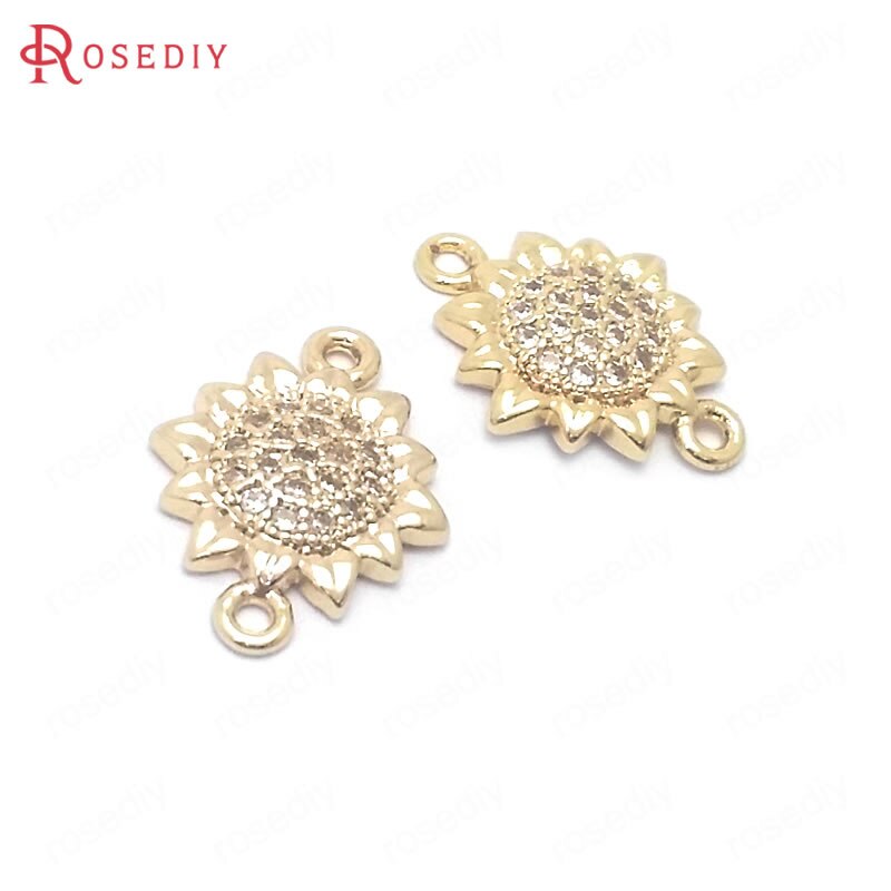 (39068)4PCS 14.5x11MM 24K Color Oro In Ottone e Zircone 2 Fori Fiore Del Sole Collegare Pendenti E Ciondoli Pendenti Con Gemme E Perle monili Che Fanno Accessori Fai Da Te