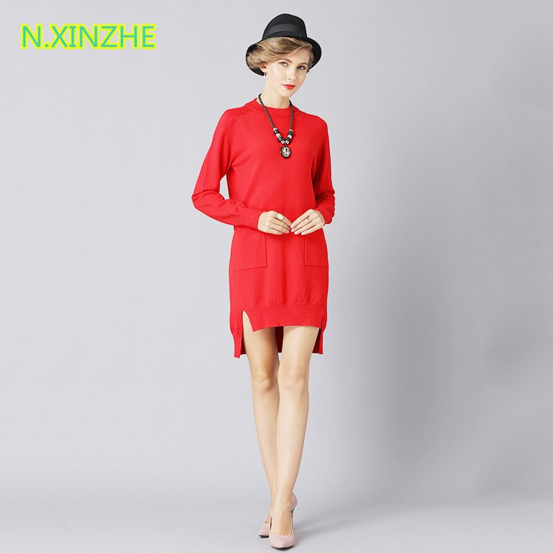 para mujer ropa sólida manga larga cuello redondo bolsillos corte asimétrico tejido vestido femenina casual suelto mini vestidos 3630
