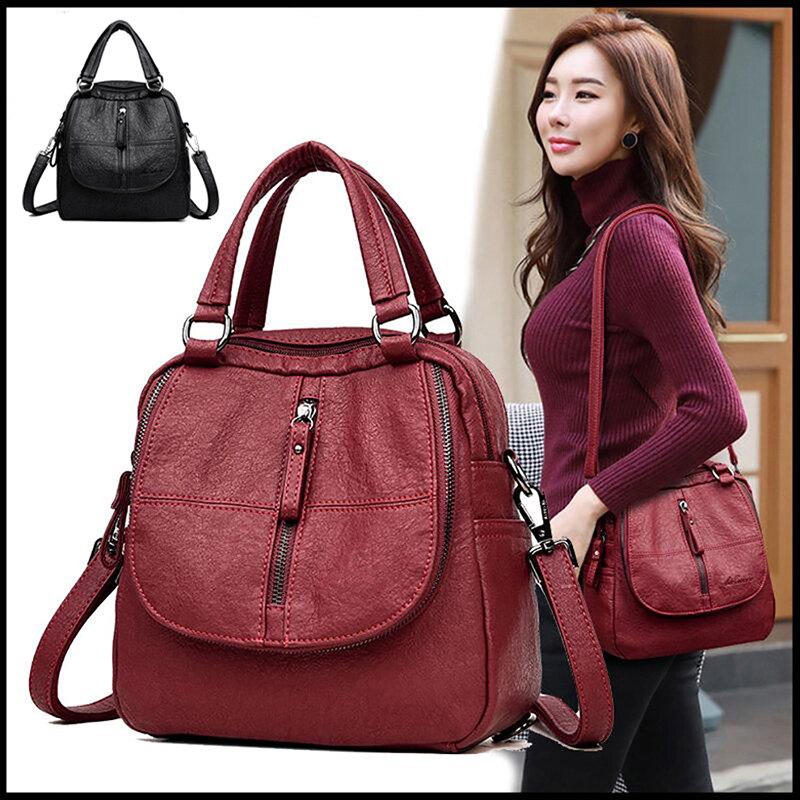 Brand Leather Women's Backpack School Bag Casual Backpack For Girls Double Zipper Leisure Shoulder Bags