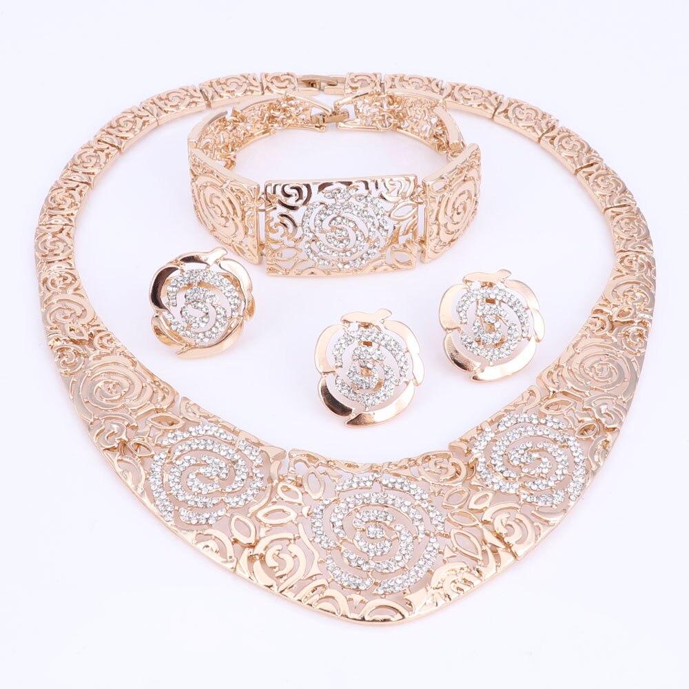 Mode Bruiloft Afrikaanse Sieraden Sets Goud Kleur Carving Bloem Verklaring Crystal Kettingen Earring Armband Ring Set