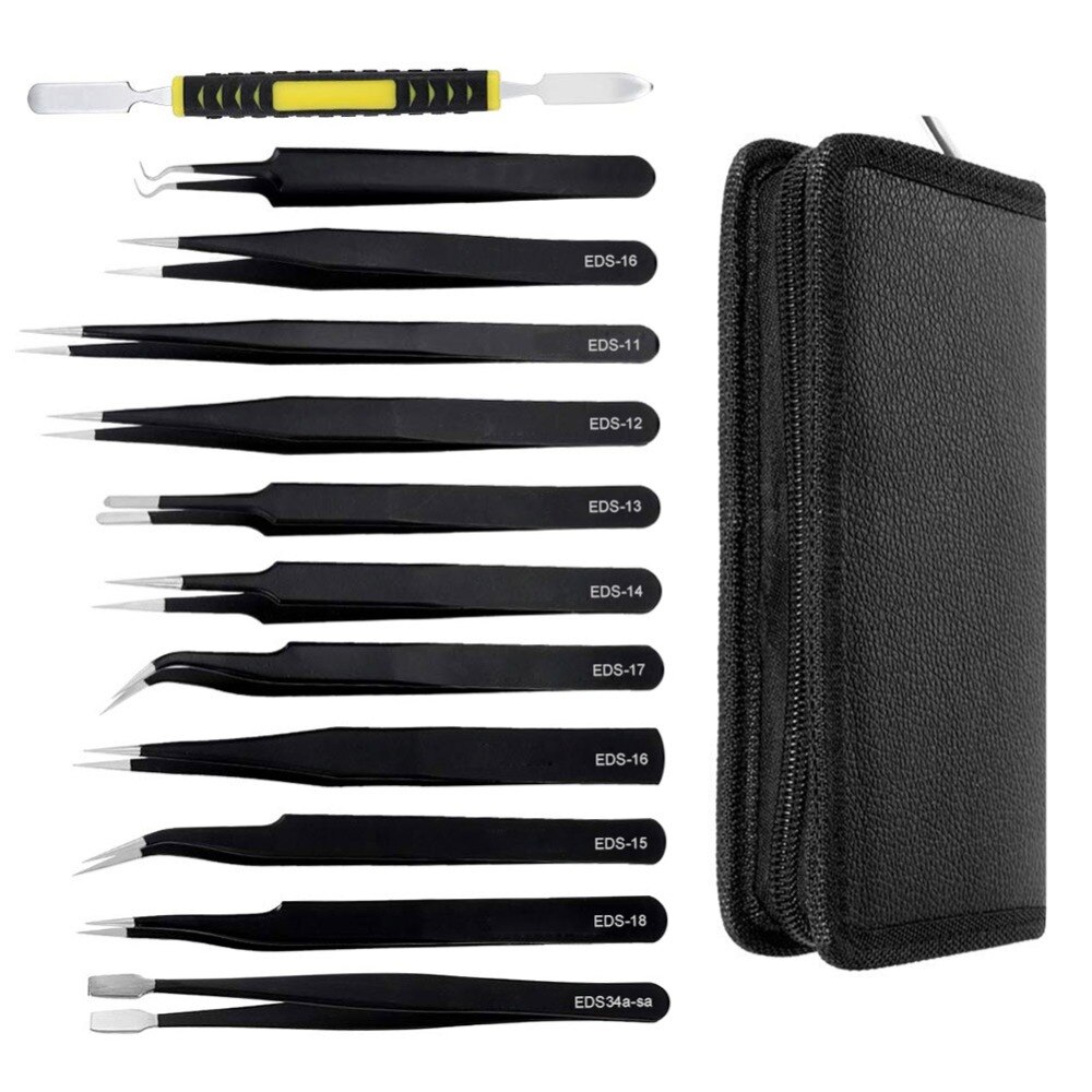 Durable Tweezers 12 Pieces ESD Tweezers Tools Kit Anti-static Non-magnetic Stainless Steel Multi-standard with Storage Bag