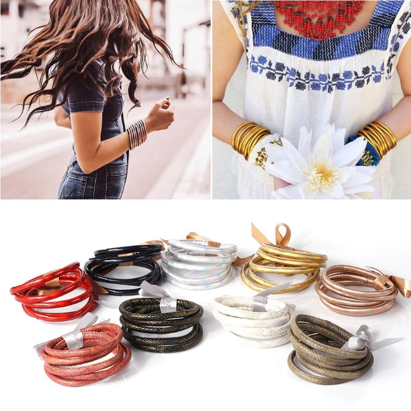 Juego de 5 uds de brazalete de gelatina con purpurina y purpurina, brazalete de cuero PU con pajarita, brazaletes de aro con forro en polvo, joyería de ligera