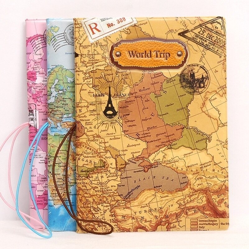 Leather World Map Passport Holder Passport Cover Organizer Travel Card Case Document PVC Cover File Wallet