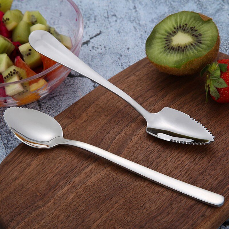 Rvs Grapefruit Apple Fruit Lepels Puree Lange Handvat Multi-Functionele Babyvoeding Bereiden Tool Zaagtand Schraper Lepel
