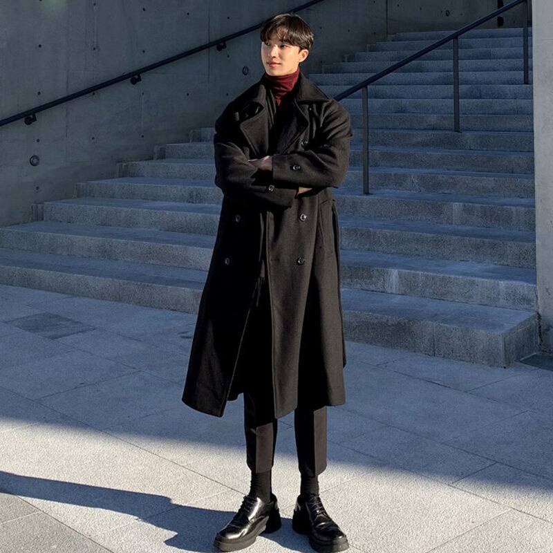 Abrigo de lana para hombre, algodón suelto por encima de la rodilla, largo medio, estilo coreano, tubo recto negro, 2022: Black / XXL