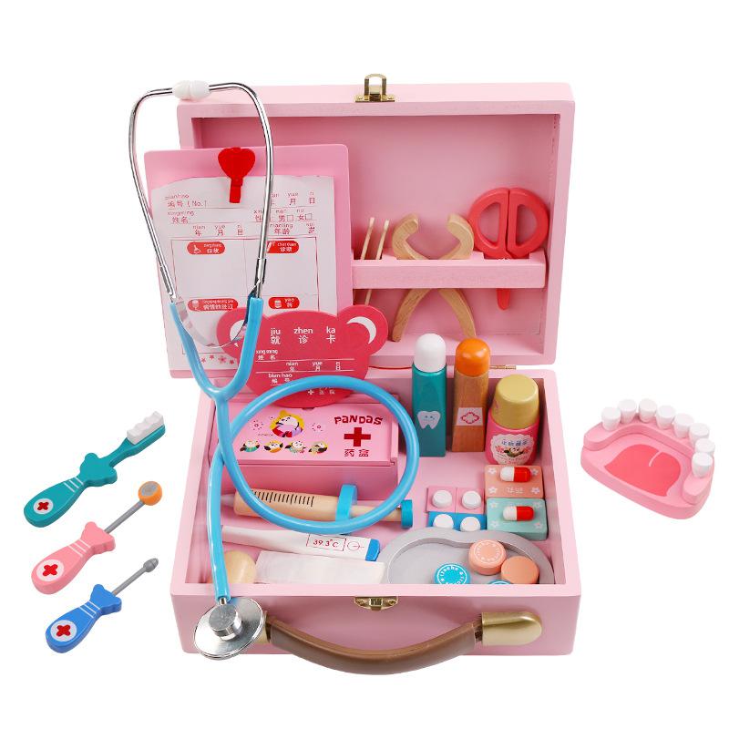 Akitoo blå rosa medicinlåda stort trä barn lekhus läkare leksak lek sjuksköterska service rollspel droppställ  #3203: Rosa