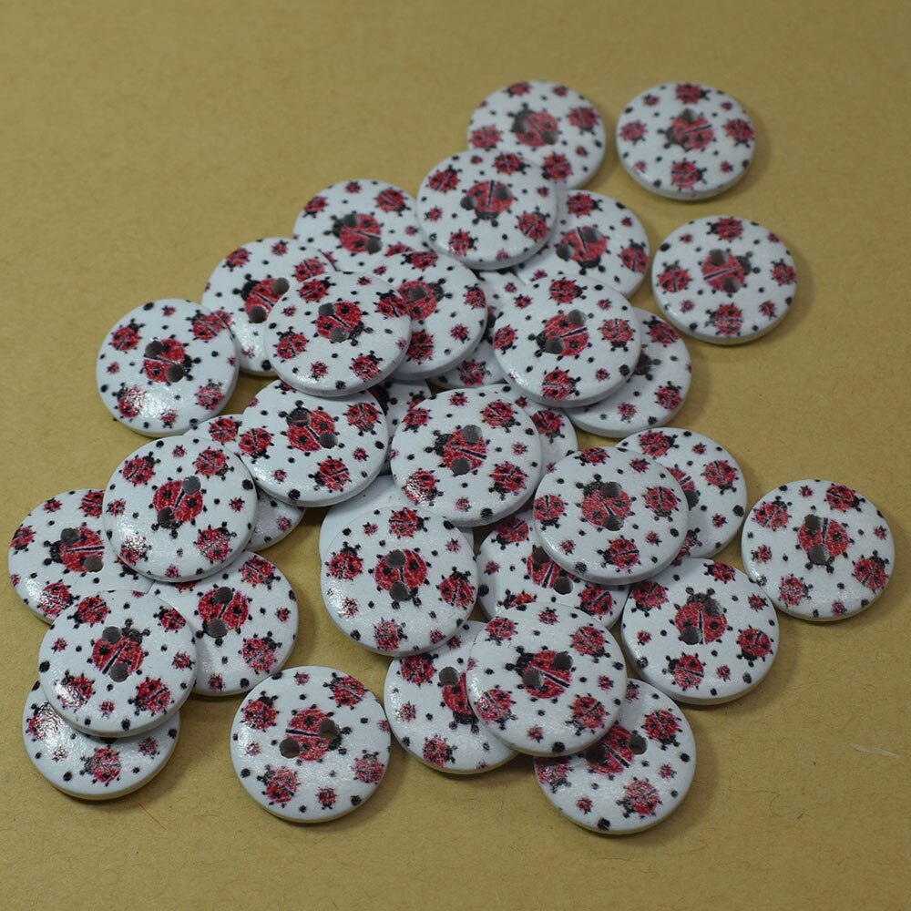50PCS Ladybug Painting Wooden Buttons Sewing Clothes Boots Coat Accessories 2 Holes Wood Button for DIY Scrapbooking Decorative