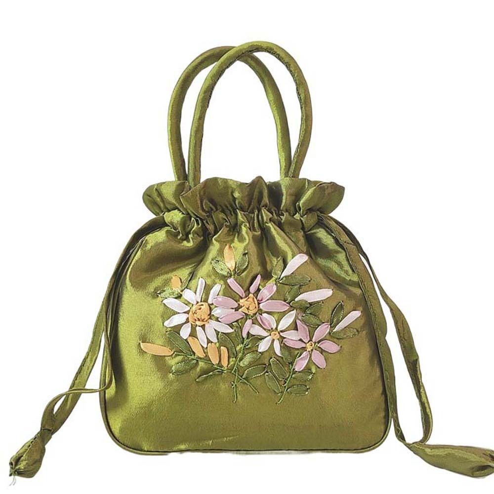 Bolso de mano con bordado de seda satinada para mujer, cartera pequeña con cordón Floral, Hanfu, Retro y: Caqui