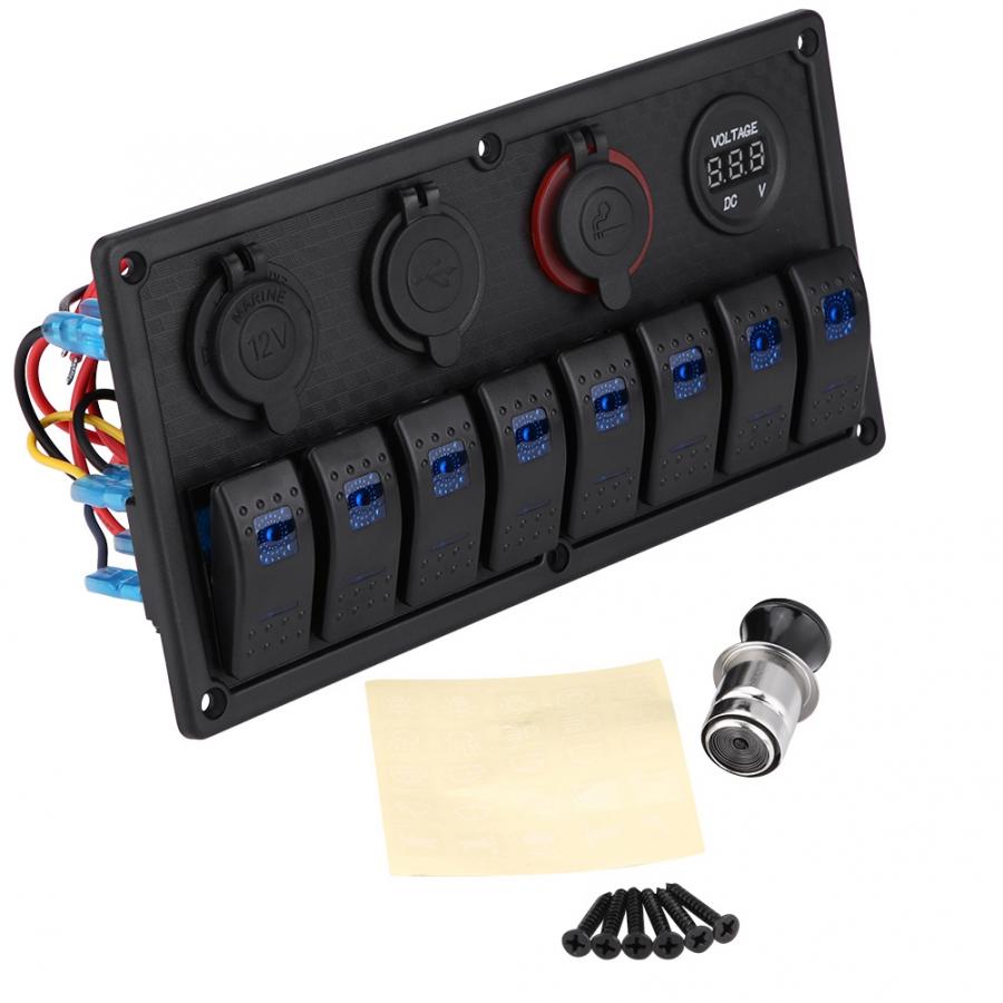 12V 24V 8 Gang Car Marine Boat Rocker Switch Panel Waterproof Circuit Digital Voltmeter Dual USB Port Outlet Switch Panel Circui