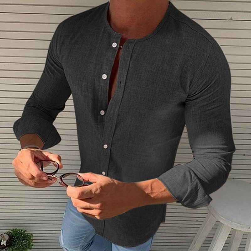 Mand t-shirt ensfarvet sport langærmet åndbar casual knapper skjorter o hals mand: M