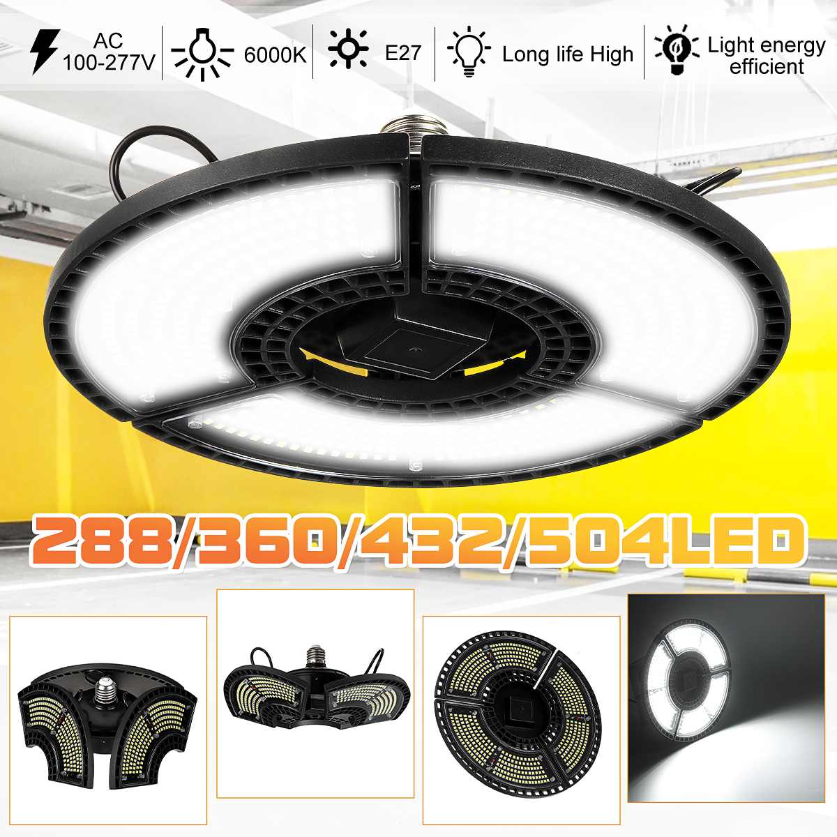 Super Bright E27 LED Garage Light Deformable Ceiling Light for Home Warehouse Workshop Folding Three-Leaf Deformation Lamp