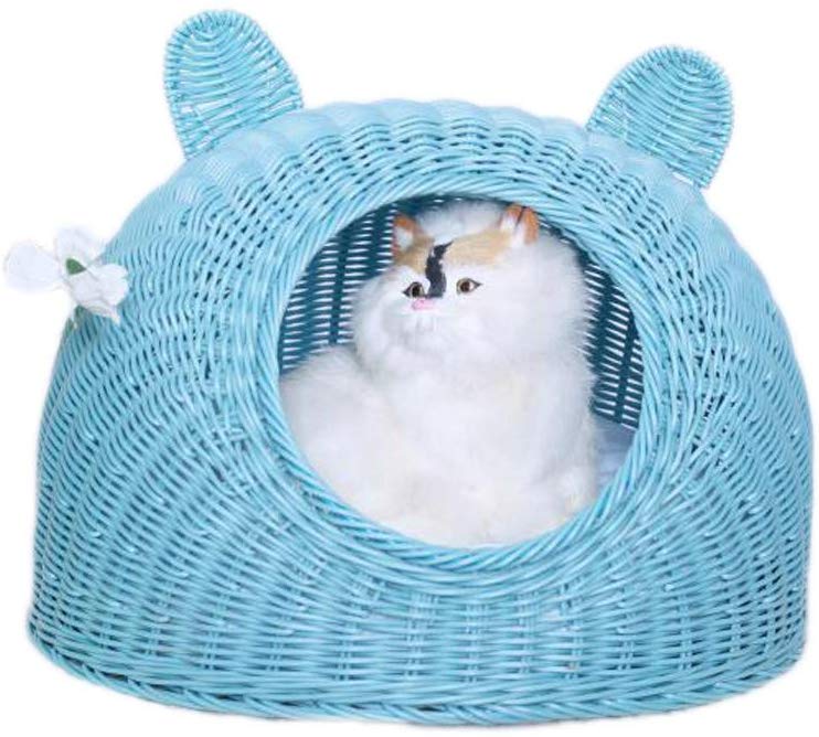 Rattan cat bed Pet Woven Cave Bed Woven Summer Breather Pet House Basket Bed for Cat/Kitten/Puppy/Dog: Blue / 38x28cm