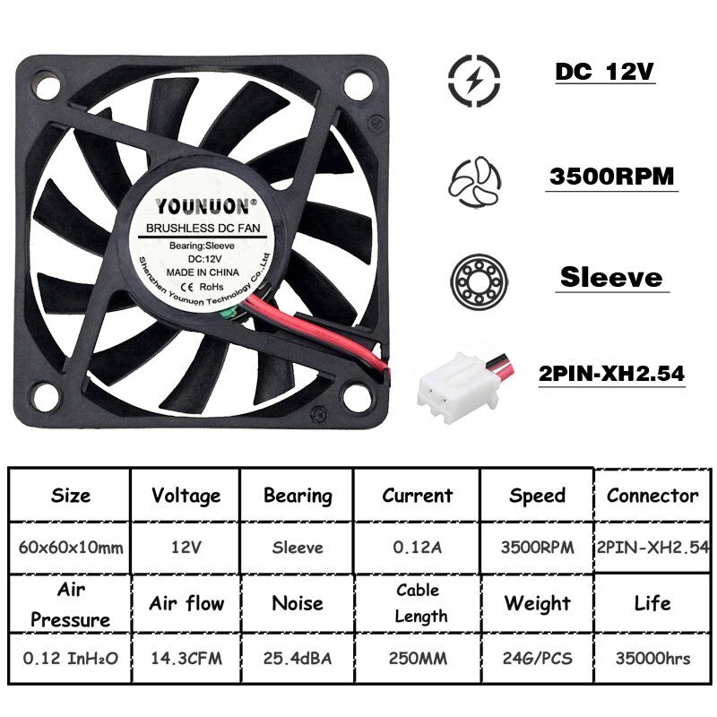 2 Stuks 5V 12V 24V 60Mm 6010 Dc Fan 60X60X10Mm 6cm Cooling Koeler Fan Computer Pc Cpu Case Cooling Kogellager Fan: 6010 12V Oil XH2.54