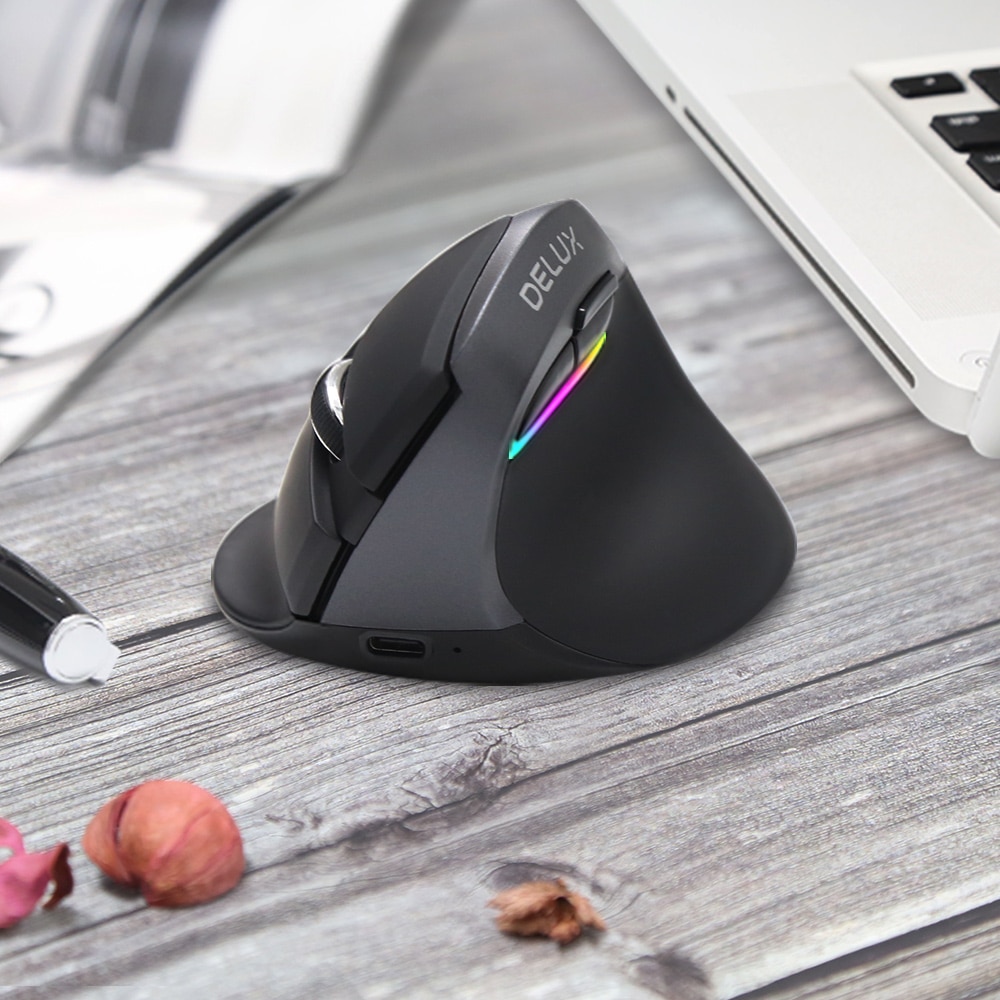Delux M618 Mini Ergonomic Mouse Gaming Wireless Vertical Mouse Bluetooth 2.4GHz RGB Rechargeable Silent Mice for Office
