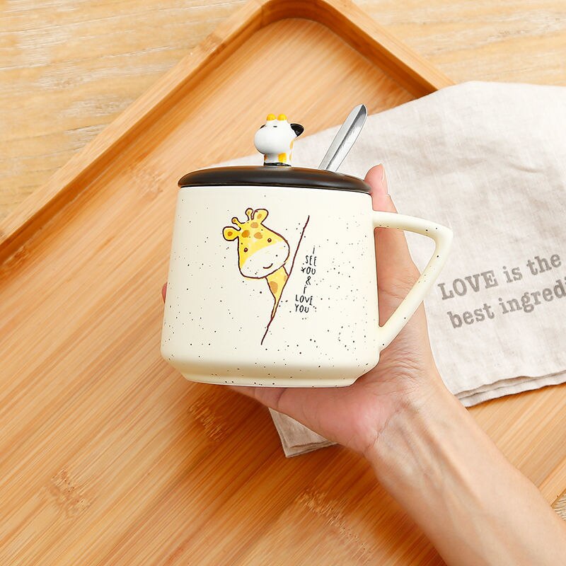 Giraffe Heat-resistant Mug Cartoon with Lid 400ml Cup Kitten Coffee Cup Travel Mug Ceramic Mugs Office Drinkware