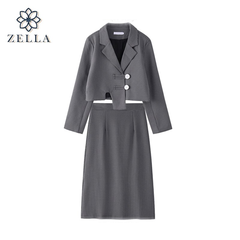 Blazer y falda a cuadros para mujer, conjunto de dos piezas Vintage, , para oficina, chaqueta con botonadura única, traje de falda media larga