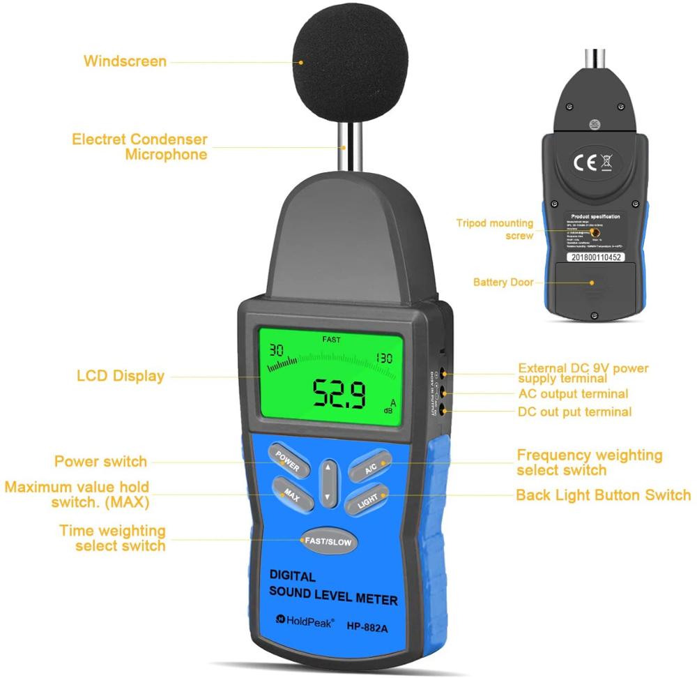 Digital Sound Level Meter HoldPeak HP-882A LCD Noise Measuring Instrument Portable Noise Tester Decibel
