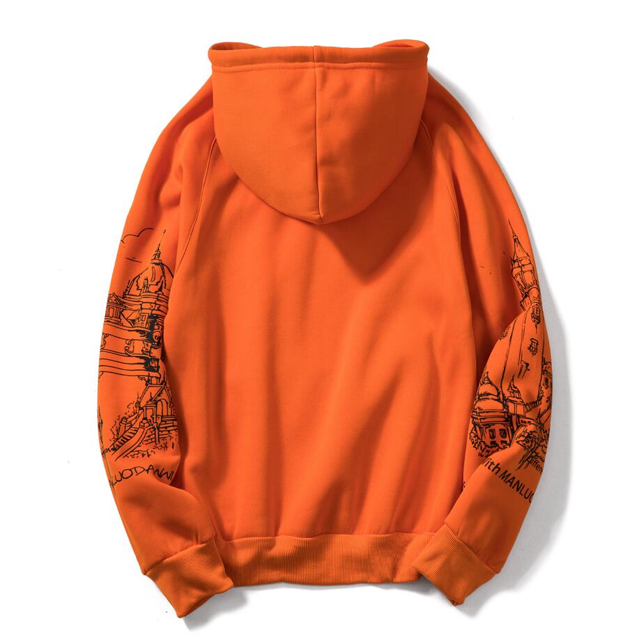 EU Size Schets Print Oranje Hoodies mannen Dikker Kleding Winter Sweatshirts Mannen Hip Hop Streetwear Effen Fleece Man Hoody