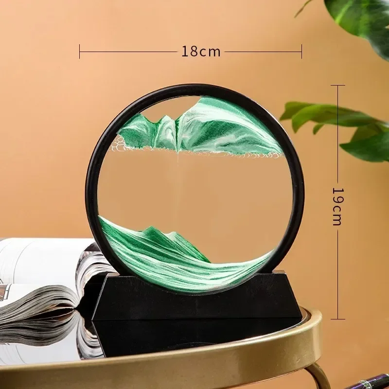 Reloj de arena 3D, arena movediza móvil, imagen artística de arena, cristal redondo, paisaje de arena de aguas profundas, pintura artesanal que fluye, de decoración del hogar para oficina: Verde claro