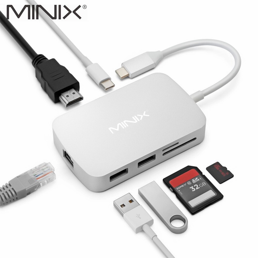 MINIX-adaptador multipuerto NEO C, compatible con HDMI, Gigabit, Ethernet, USB3.0 x 2/ranura para tarjeta TF y SD plateada (Compatible con Apple MacBook)