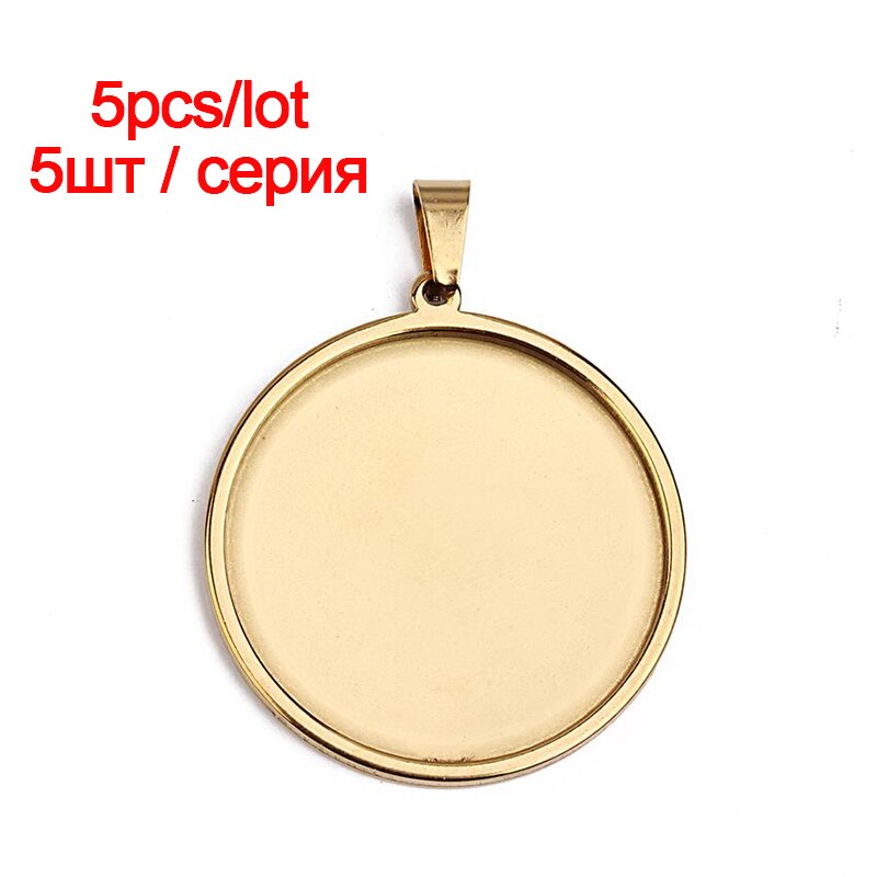 Cabujón con colgante de acero inoxidable, Base para camafeo, bandeja con bisel en blanco, suministros para joyería, , 20/35/40mm: 5pcs gold Round / 40mm