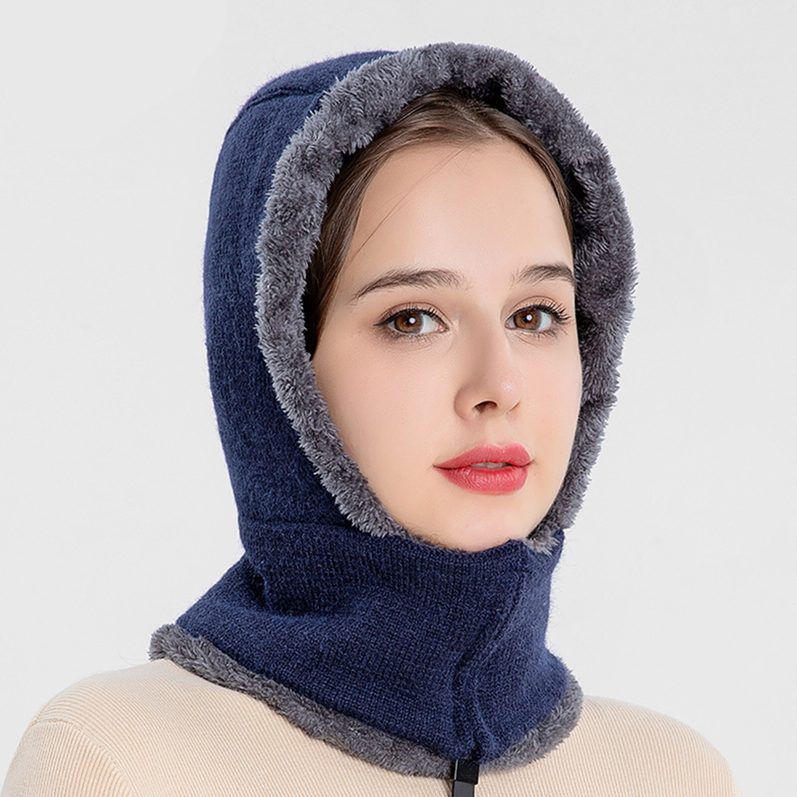 Winter Solid Black Knitted Hat Autumn Winter Ear Protection Thickened One Piece Cap Keep Warm Windproof Hat Face Cover #T2G: Navy