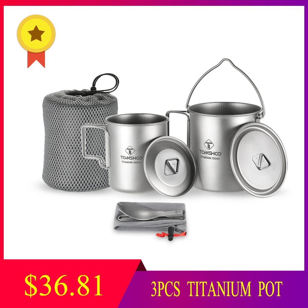 Tomshoo 3Pcs Titanium Pot Water Mok Cup Set Lichtgewicht Mok Outdoor Camping Pot Picknick Hang Pot Koken Potten Met vouwen Spork