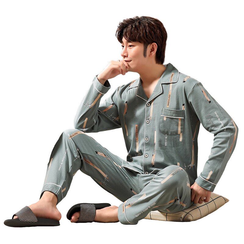 Inverno Homens primavera Outono 100% Algodão Conjuntos de Pijamas do Sono Top & Calças de Pijama Masculino Roupas Casuais Casa Sleepwear
