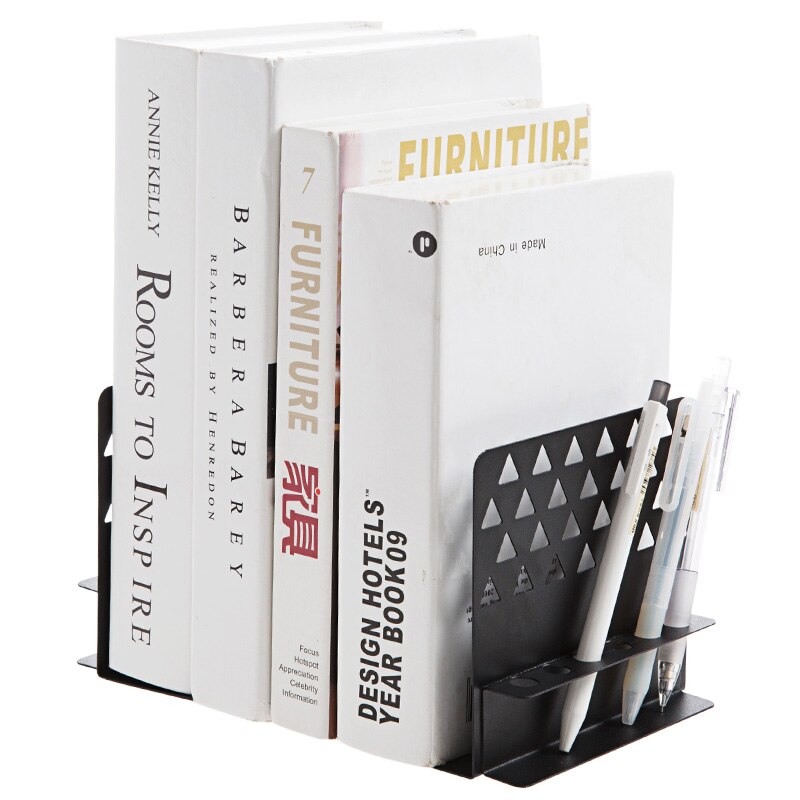 Iron Bookcase With Pen Holder Desktop Storage Bookshelf Hook Lean White Black Color For Work And Study