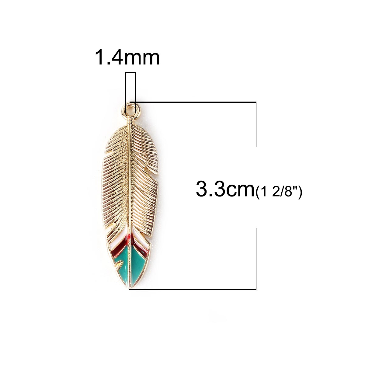 Colgantes de aleación a base de Zinc, plumas, Color dorado, esmalte verde, 33mm(1 2/8 ") x 10mm( 3/8"), 5 piezas: 1