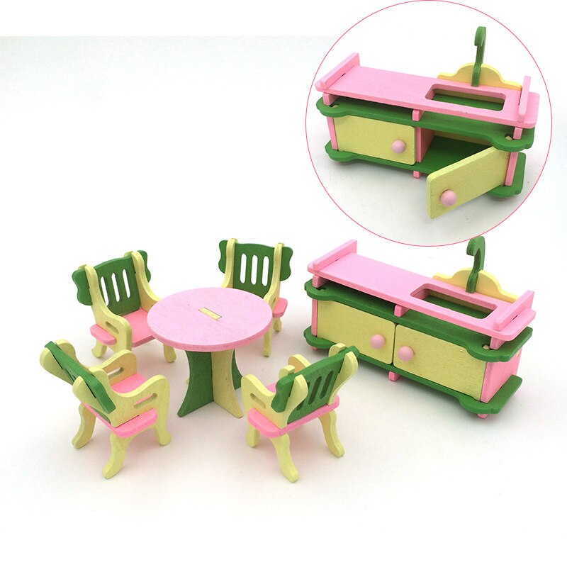 Wooden Simulation Miniature Furniture Bathroom Restaurant House Decoration Play Toys Wood Dollhouse Furniture Toys set For Kids