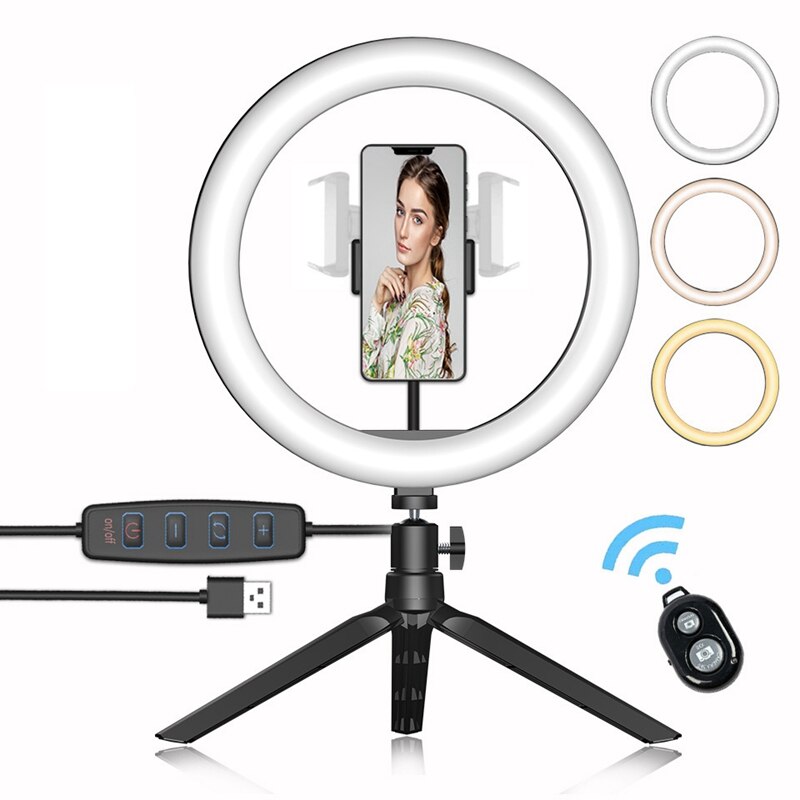 LED Ring Light with Tripod 10 Inch Dimmable Desktop Fill Light Stand for Makeup Video Live Studio Photography