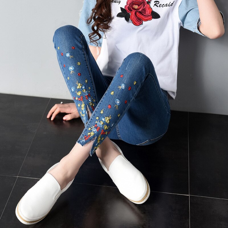 Borduurwerk Jeans Vrouwelijke Zomer Stijl Mode Borduren Was Dun Stretch Enkellange Broek Elasticiteit Kleine Jeans Vrouwen