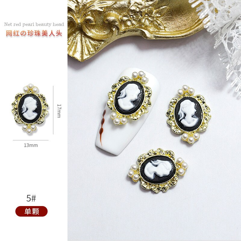 5 uds barroco Vintage belleza cabeza decoración de uñas accesorios de joyería dijes diamantes de imitación perla Metal suministros de manicura herramienta: Plateado