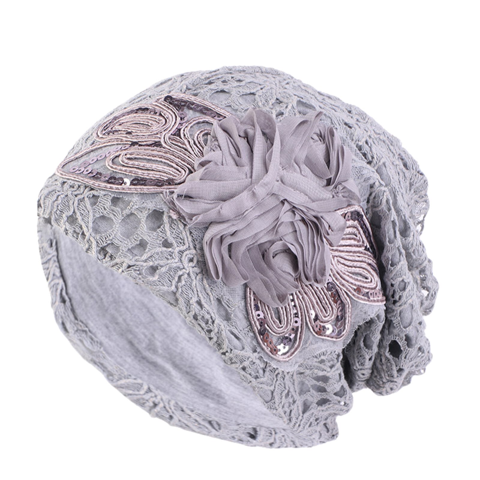 Lady Lace Muslim Ruffle Hat Beanie Scarf Turban Head Wrap Cap Hat Ethnic Style Lace Sequined Large Flower Ear Cap: GY