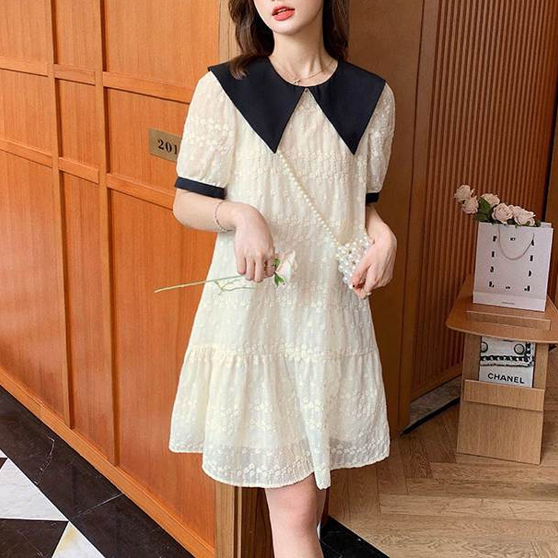 Vestido de encaje con cuello de muñeca de estilo francés para mujer, falda acampanada de manga corta con retazos de Color sólido, novedad de 2023