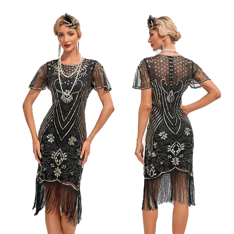 Vestido Flapper de los años 20, S-4XL de talla grande, Vintage para mujer, gran Gatsby, Color, borla de lentejuelas, vestido de de los años 20, disfraz de malla para mujer: M / Beige