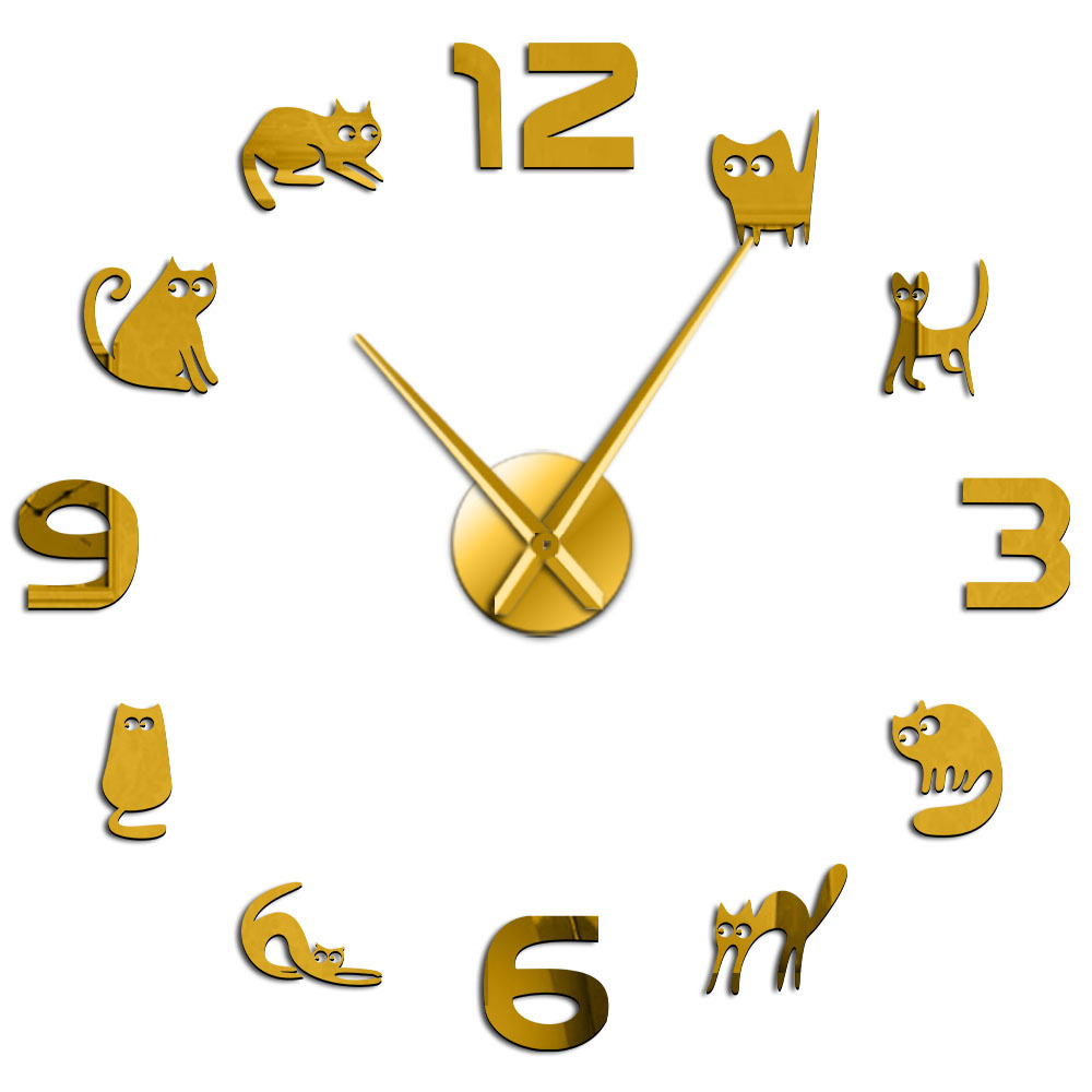 Acrylic Cute Cat Cat Digital Art Wall Sticker Clock DIY Large Mute Wall Clock Pet Cat Home Decoration Wall Watch Modern: Gold