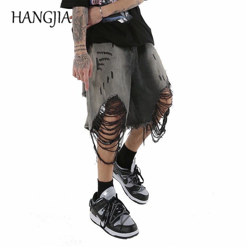 Black Washed Destroyed Denim Jeans Shorts Baggy Streetwear Swag Ripped Jeans for Men Hip Hop Distressed Biker Wide Jeans
