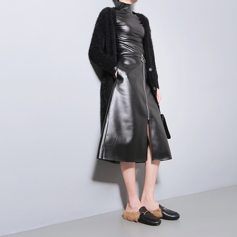 Japanse Stijl Vrouw Herfst Unieke Black Faux Leather Pu Tee Tops Volledige Mouw Harajuku T-shirt Coltrui Slim Dunne T-shirt 781