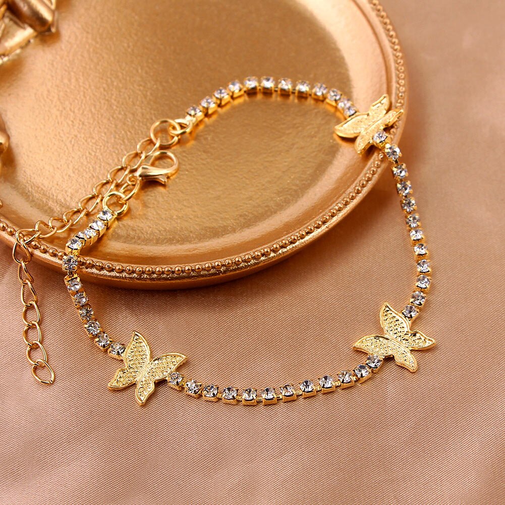 Flatfoosie Hip hop Rhinestone Butterfly Anklet Bracelet Women Gold Silver Color Crystal Tennis Chain Anklet on Leg Foot Jewelry