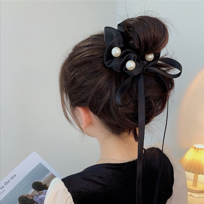 Lazo para el pelo con perlas negras para niña y mujer, banda de goma, coletero para el pelo trenzado, cuerda para el pelo circular, accesorios para el cabello trenzados